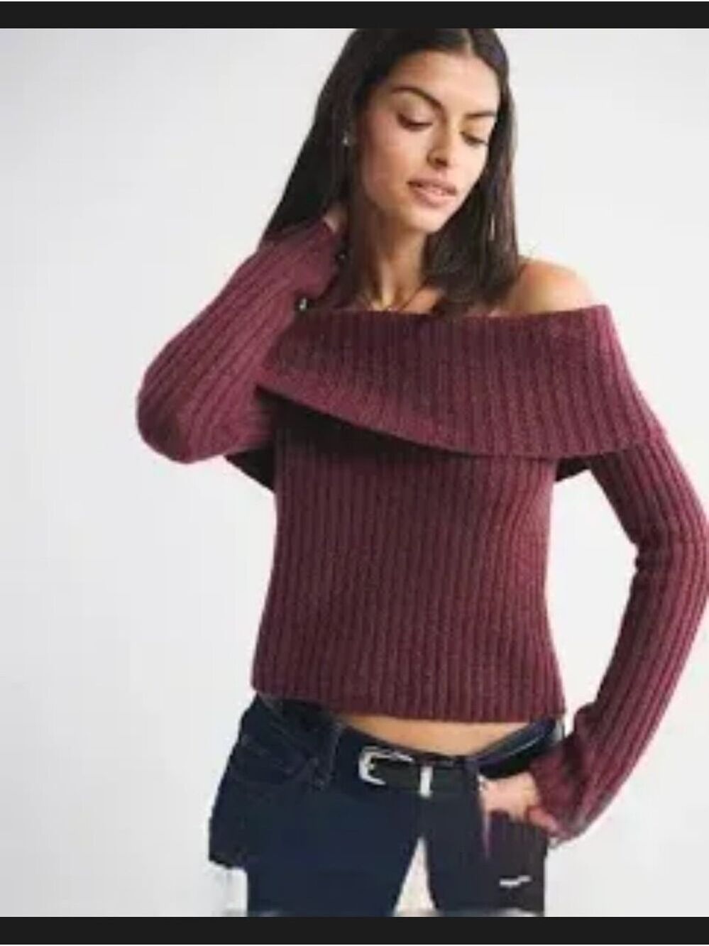 Off-Shoulder Ribbed Sweater - Burgundy Size Medium ABERCROMBIE & FITCH²